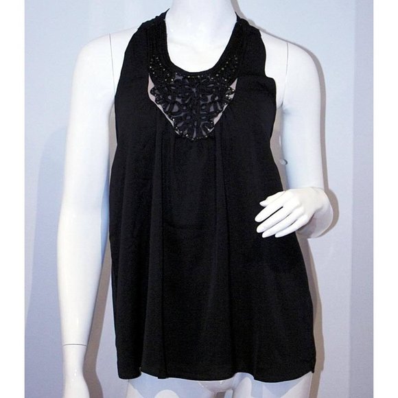 GREYLIN Evening TOP Embellished BLACK Floral Neckline PRINT Halter Style M - Picture 2 of 2